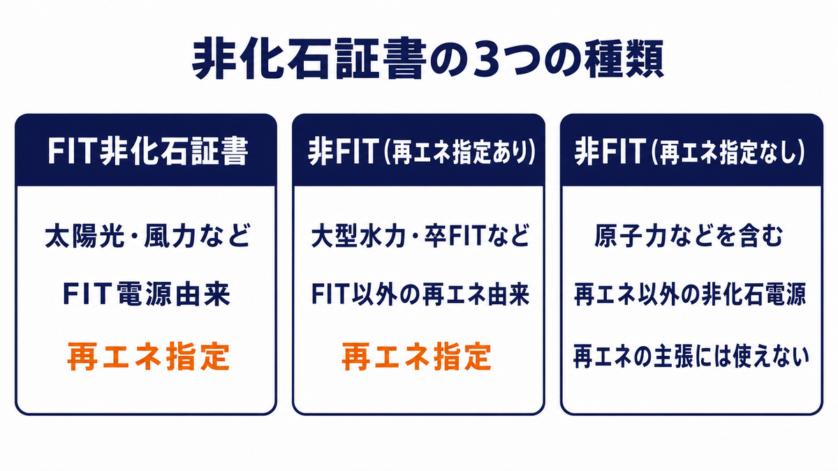 非化石証書の3種類の比較図。FIT非化石証書は太陽光や風力などFIT電源由来で再エネ指定。非FIT非化石証書（再エネ指定あり）は大型水力や卒FIT電源由来。非FIT非化石証書（再エネ指定なし）は原子力などを含む