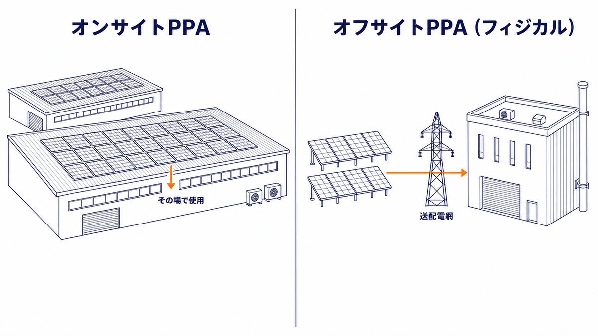 オンサイトPPAとオフサイトPPAの構造の違いを示す図。左はオンサイトPPAで、工場の屋根に太陽光パネルを設置しその場で電気を使う。右はオフサイトPPAの代表的な方式であるフィジカルPPAで、離れた場所の太陽光発電所から送配電網を介して工場へ電気を届ける